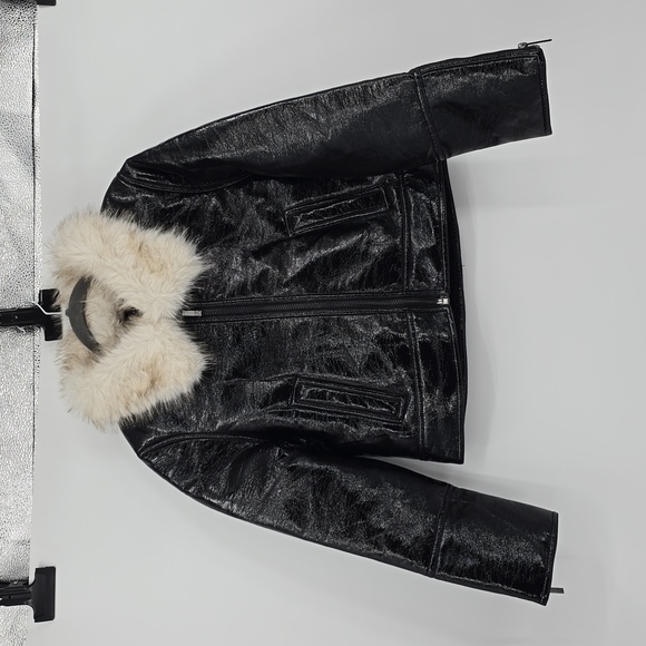 Unreal Fur Wet Look Aviator Black Vegan Leather Women's Jacket - Picture 1 of 9